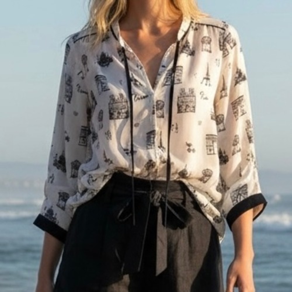 Talbots Womens‎ Paris Landmark Print Tie Neck Blouse Ivory Black Size M Career